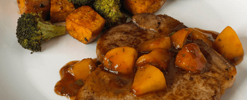 Pork Chops with Balsamic-Peach Glaze, Roasted Sweet Potatoes, and Broccoli