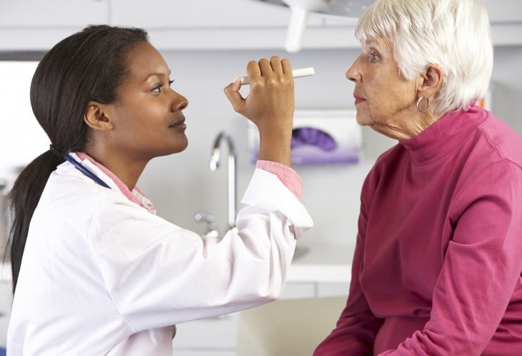 Opthamologist examining an elder woman's eyes