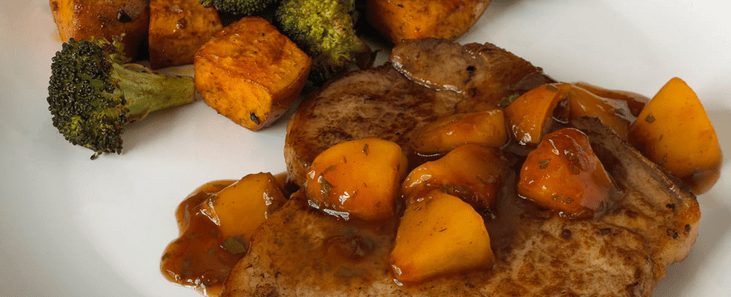 Pork Chops with Balsamic-Peach Glaze, Roasted Sweet Potatoes, and Broccoli